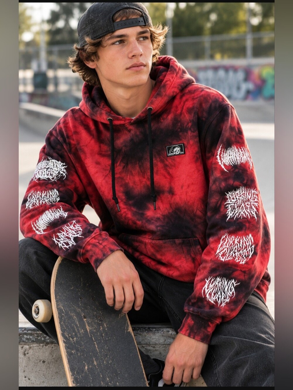 Lurking Class Red & Black Tie-Dye Fleece Pullover Hoodie Skull Logo,Men's Size S